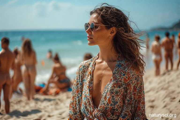 Dziewczyna w letniej sukience rozgląda się po plaży naturystów