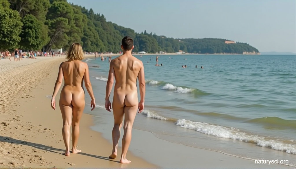 Naturyści, mężczyzna i kobieta idą brzegiem plaży nad Bałtykiem